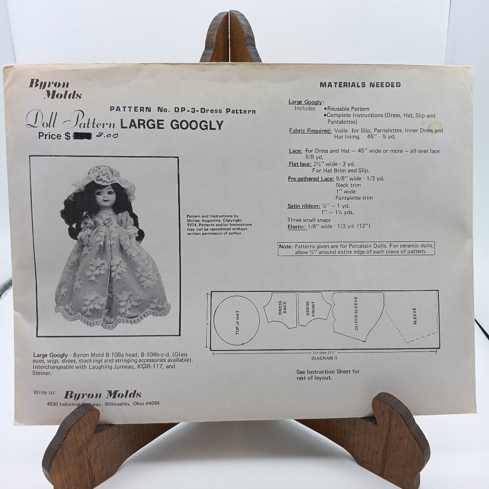 UNCUT Vintage Byron Doll Patterns, Large Googly Dress DP3 1970s
